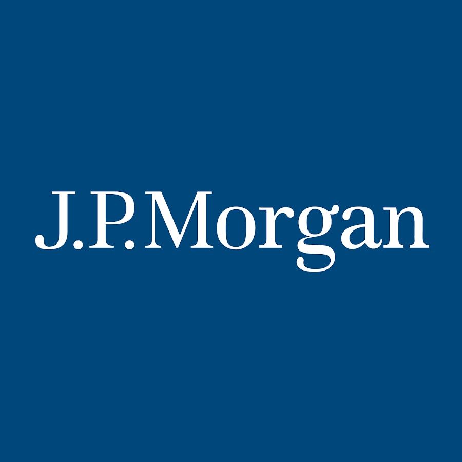 J.P. Morgan logo: White text on a dark blue background.