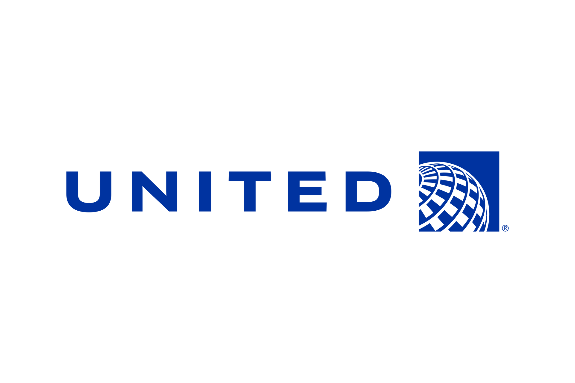 United Airlines logo: blue text and globe icon on white.