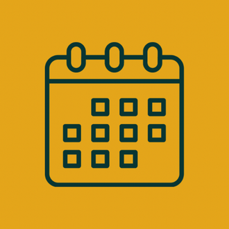 Calendar icon, dark green on yellow background.