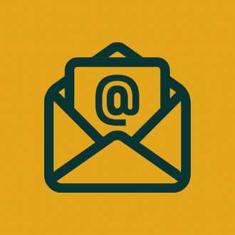 Open envelope with an at symbol on a card. Dark teal outline on yellow background.