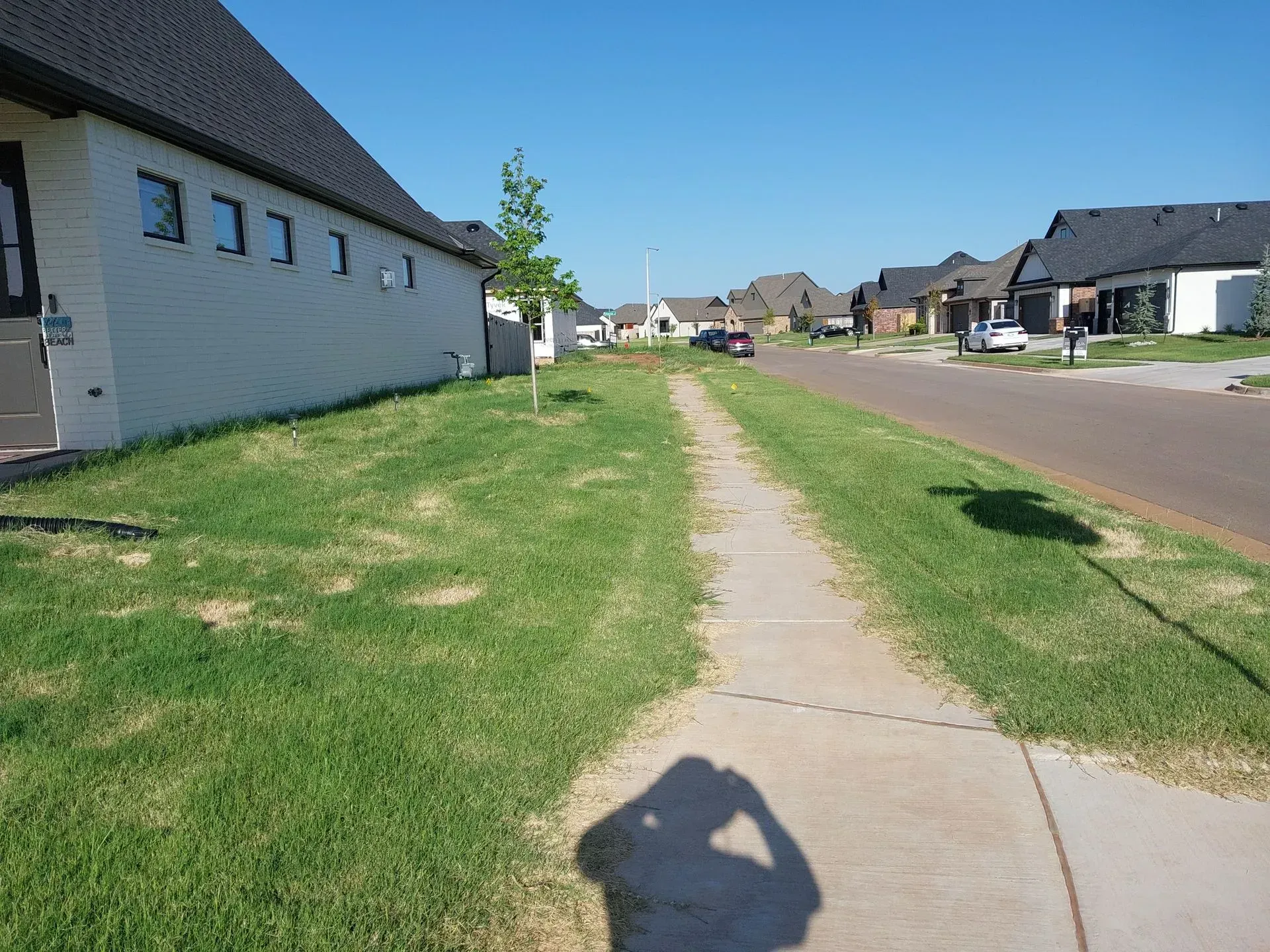A residential street with houses, sidewalk, and grass under a bright blue sky.