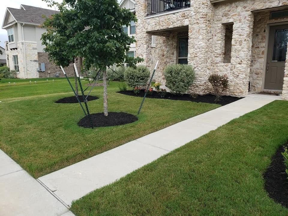 Lawn and walkway in front of a stone building with a tree and mulch beds.