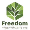 Logo for Freedom Tree Trimming Inc. featuring a green tree-like graphic inside a hexagonal shape, and dark green text.