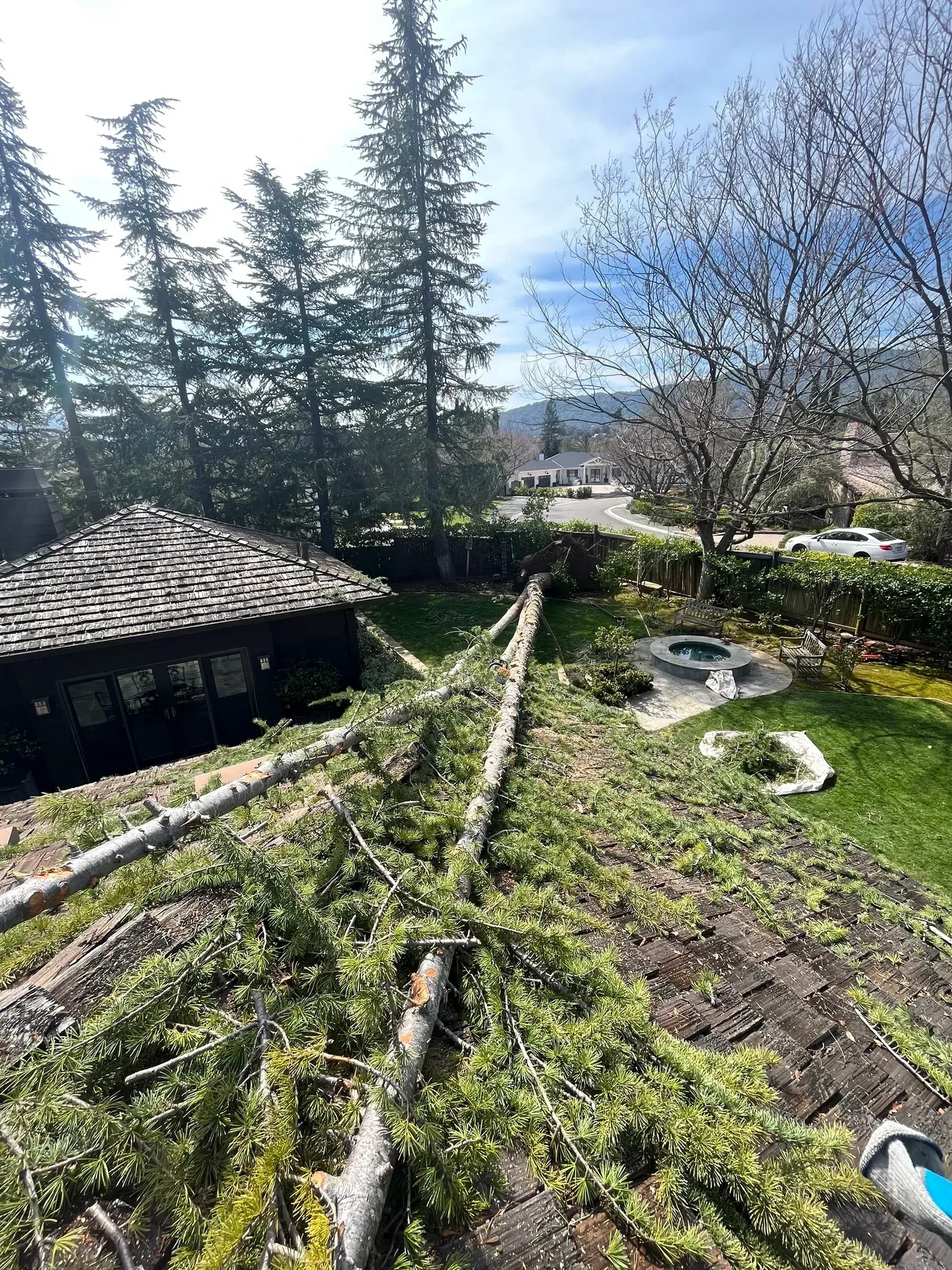 Branches and debris cover a roof with a house and surrounding trees and yard visible in the background.