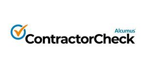 A logo for contractor check with a check mark on it.