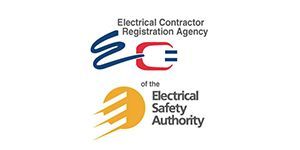 Two logos for the electrical contractor registration agency and the electrical safety authority