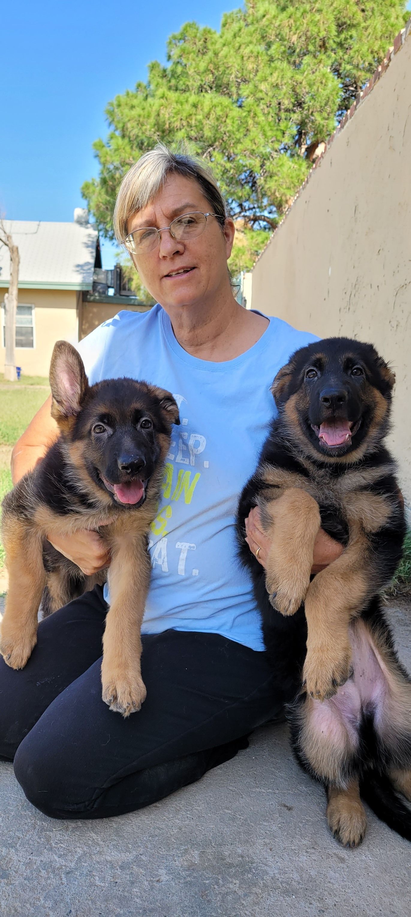 A woman with glasses sits holding two happy German Shepherd puppies outdoors.