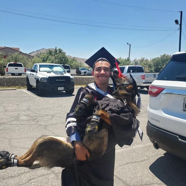 A graduate in cap and gown holding a large German Shepherd dog in a parking lot, smiling.