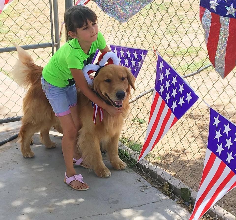 Young girl hugging a golden retriever wearing festive headwear with American flag decorations in the background.