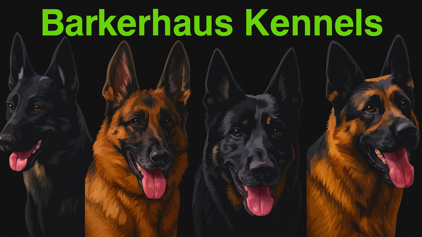 Barkerhaus Kennels logo: four German Shepherds of varying colors, against a dark background. Green text above reads "Barkerhaus Kennels".