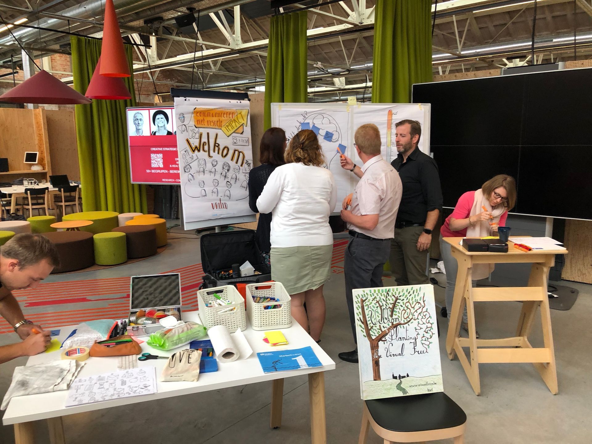 Deelnemers werken samen visueel aan flipcharts