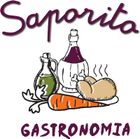 Logo con la scritta “Saporito Gastronomia” e disegni di olio, pane, carota e prezzemolo.