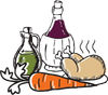 Assortimento di cibi per il Giorno del Ringraziamento: tacchino, carote, bottiglia d'olio e bottiglia di vino.