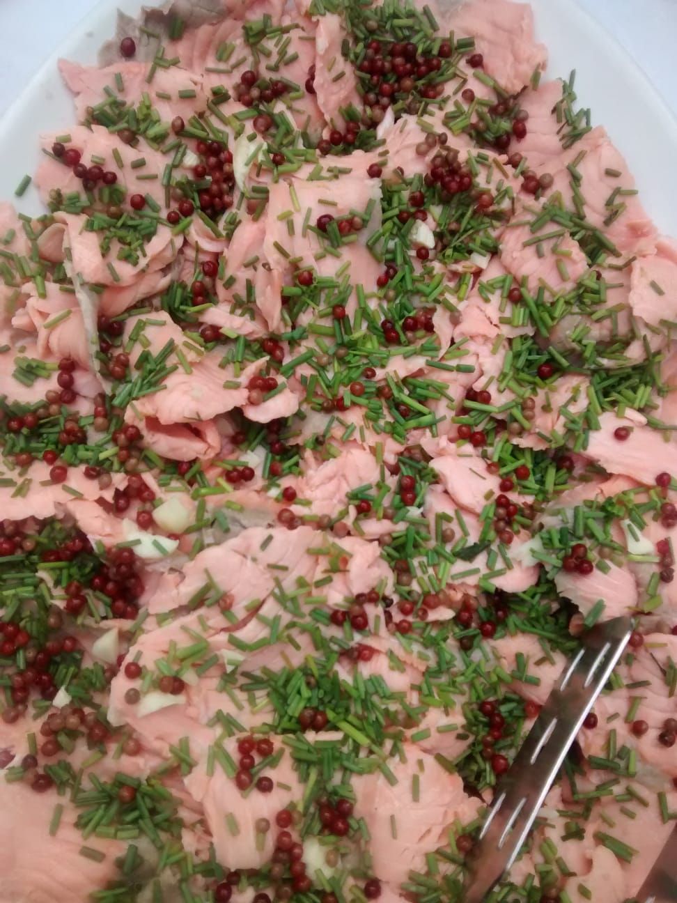 Piatto cremoso rosa guarnito con erbe aromatiche tritate e una decorazione rosso scuro, con una forchetta sul bordo.
