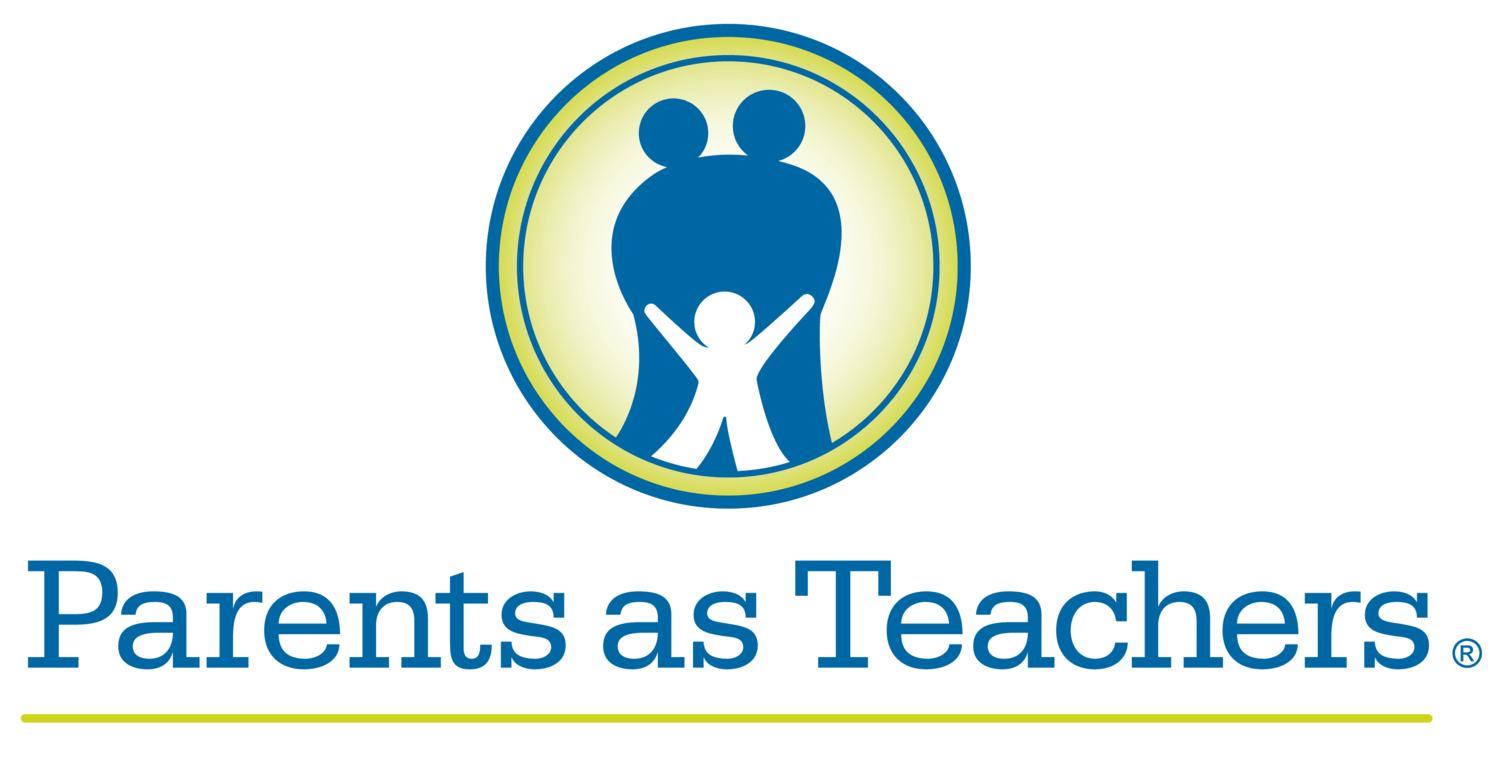 two parents standing behind a child  framed by circle logo of Parents as Teachers