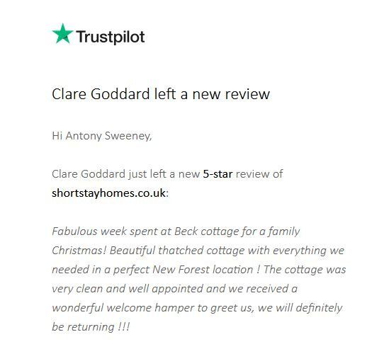 5 star Trustpilot review, Beck Cottage, Christmas 2021