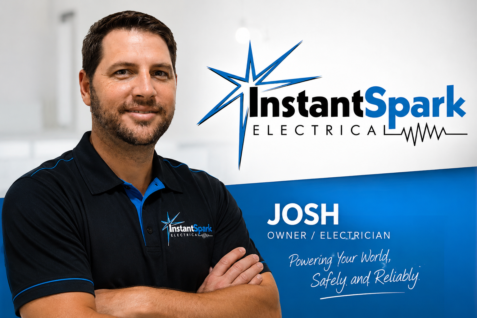 Portrait of Josh Beside Instant Spark Electrical Logo — Instant Spark Electrical in Glen Isla, QLD