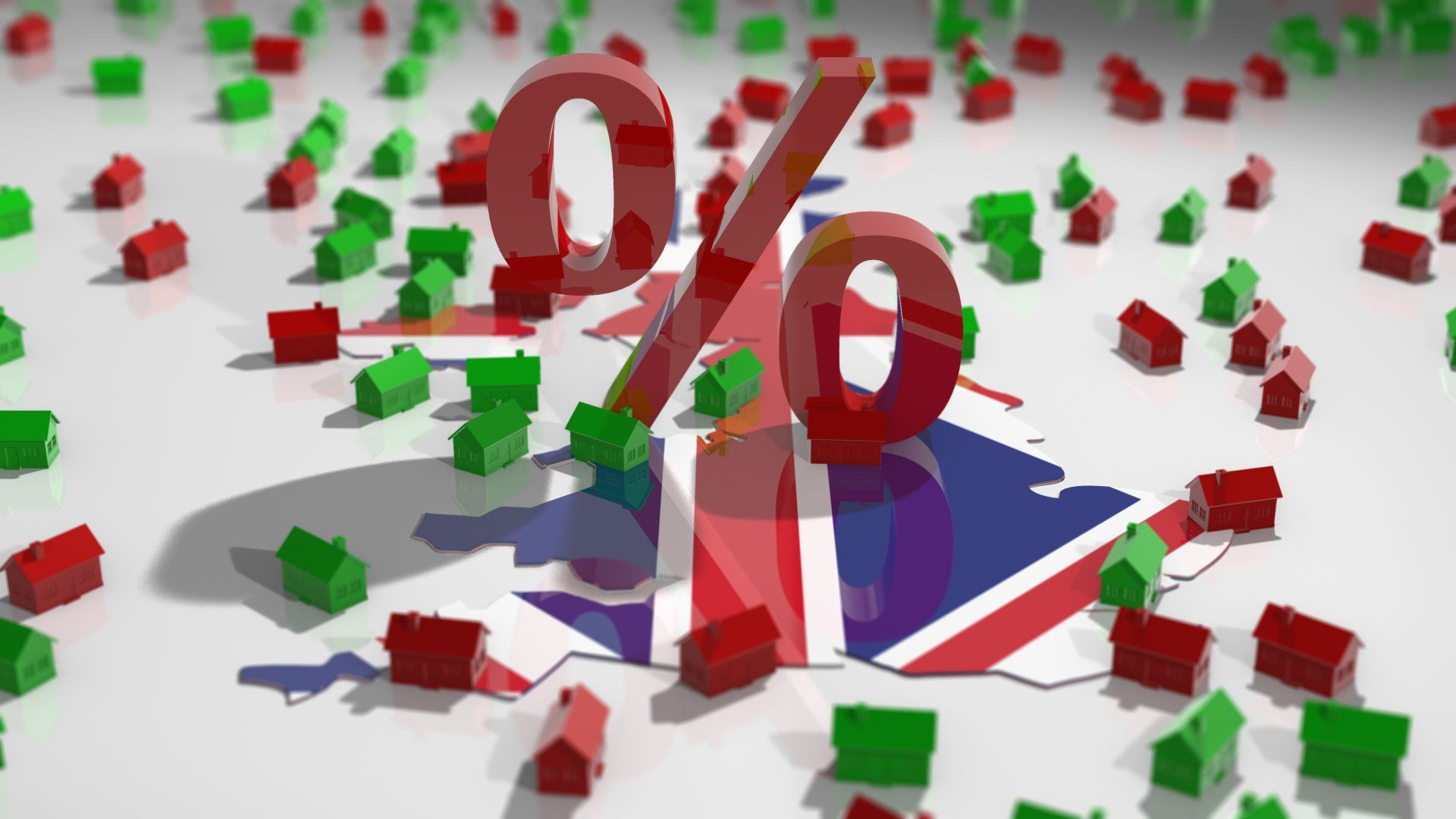 A british flag is surrounded by houses and a percentage sign.