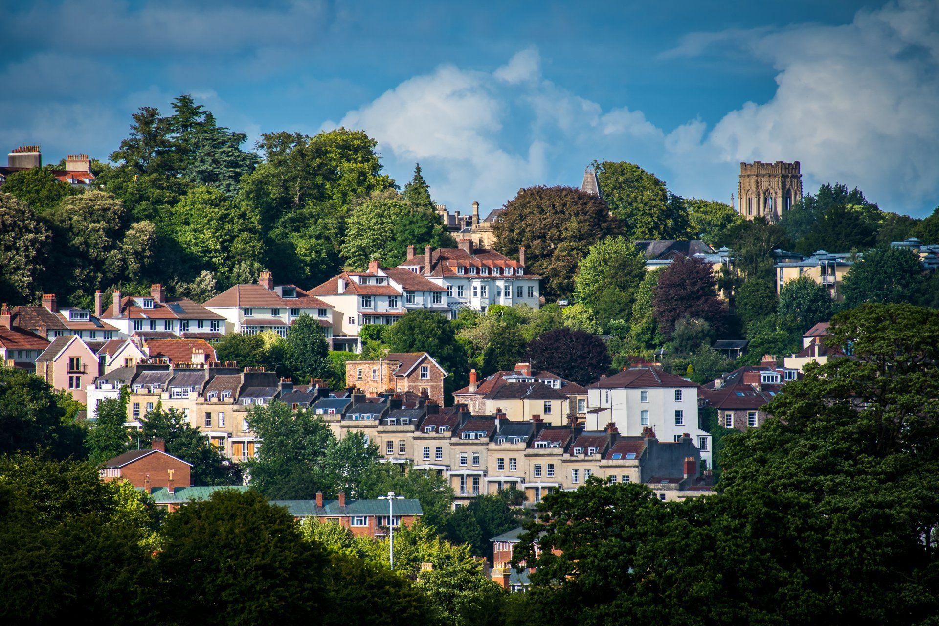 A row of houses sit on top of a hill surrounded by trees