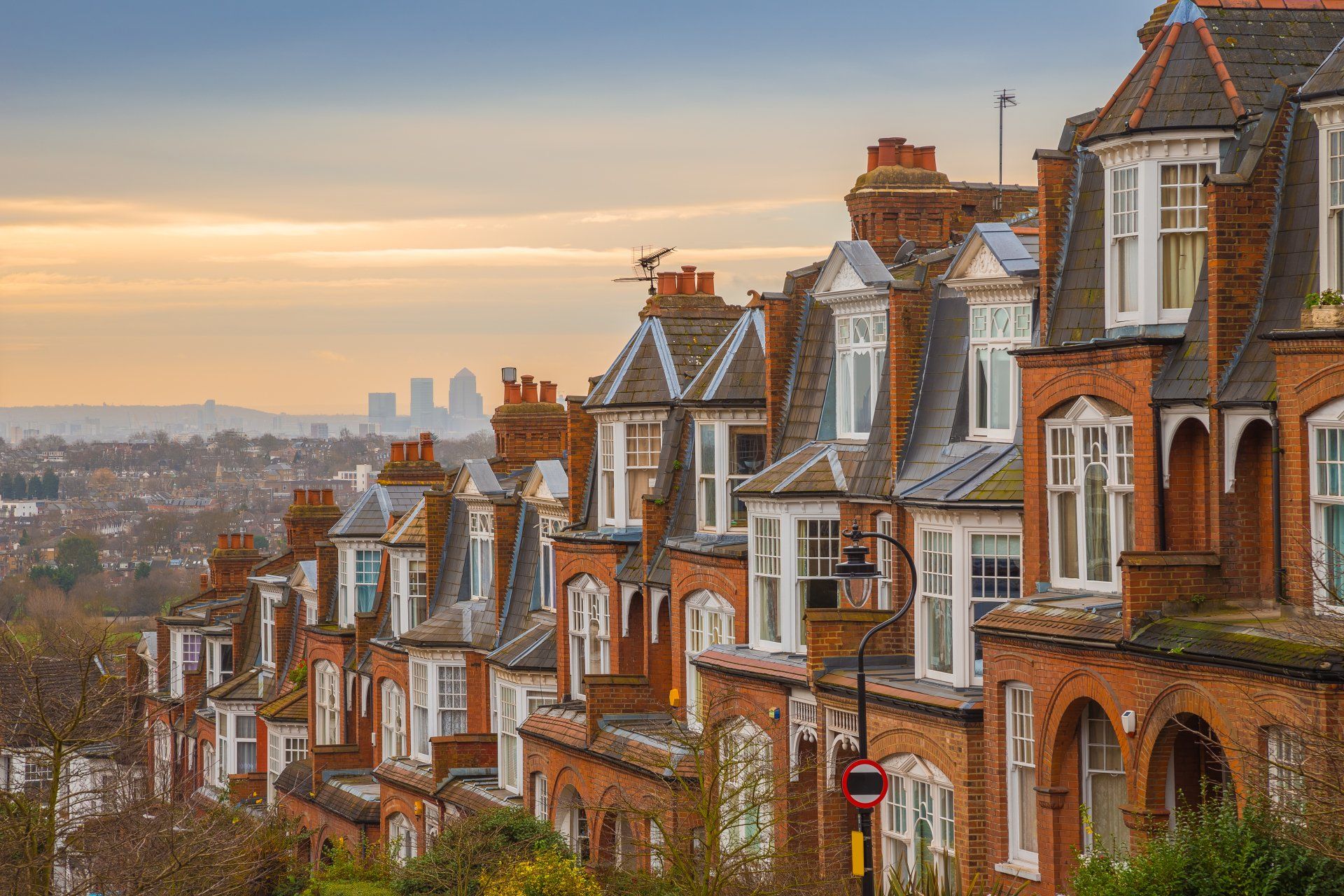 A row of houses on a hill with a city in the background.