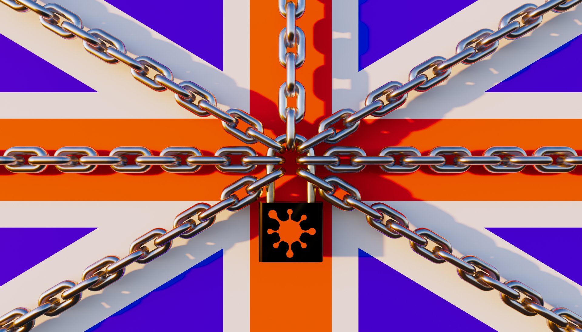 A british flag is locked with chains and a padlock.