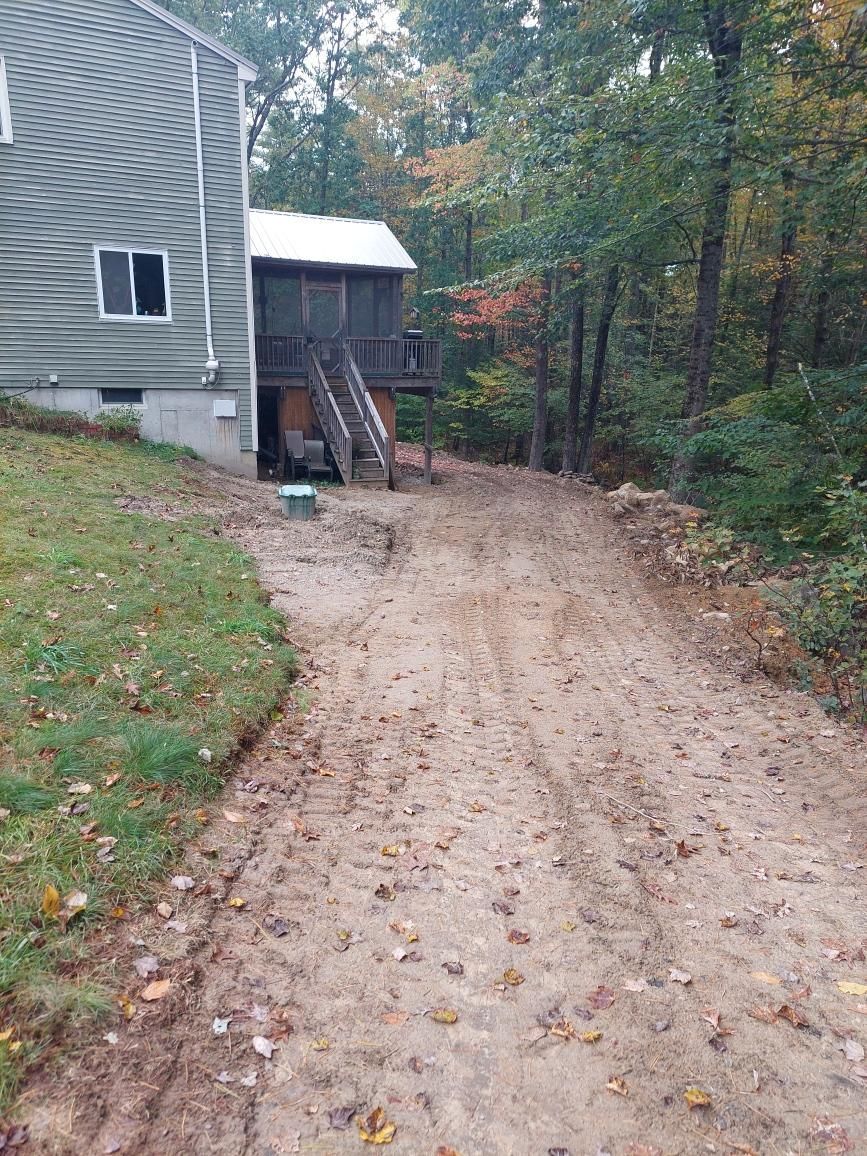 A dirt road leading to a house in the woods.