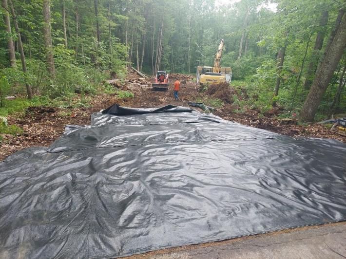 A large black tarp is laying on the ground in the middle of a forest.