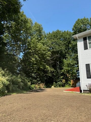 A white house is surrounded by trees and a gravel driveway.