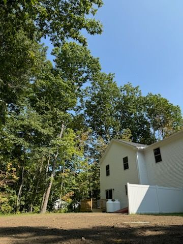 A white house is surrounded by trees on a sunny day