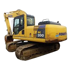 A yellow excavator is sitting on a white background.