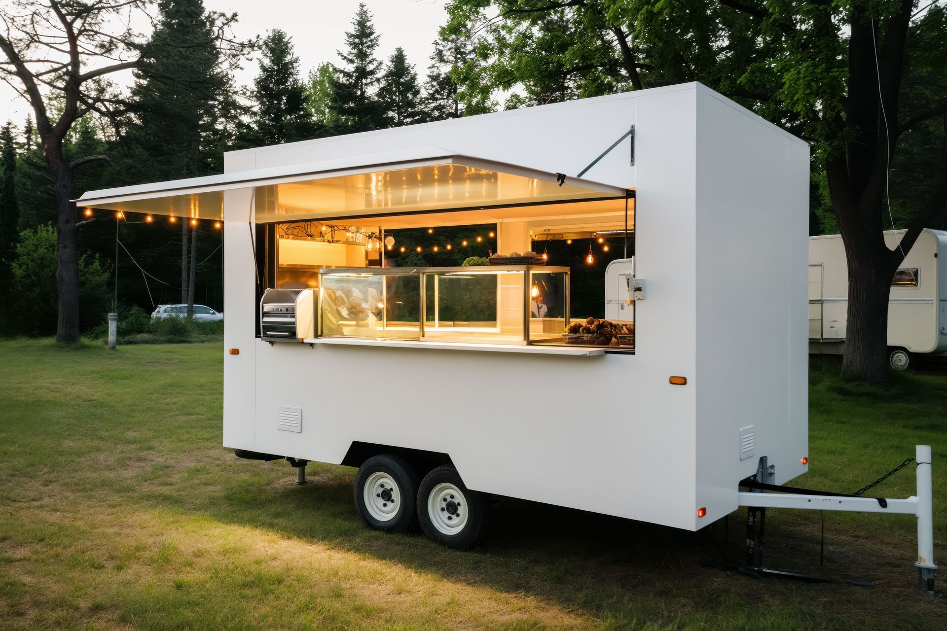 A white food truck is parked in a grassy field.