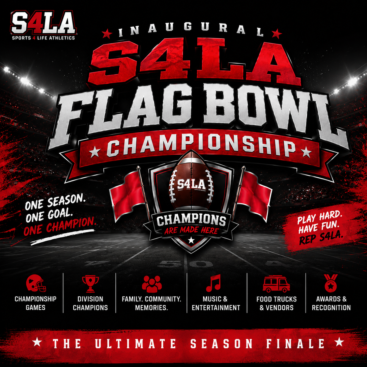 Excited youth athletes competing in a flag football championship game under a clear blue sky.