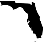 A black and white silhouette of the state of florida on a white background.