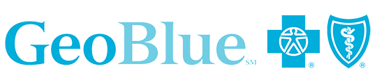 A blue logo for geoblue with a medical symbol on it