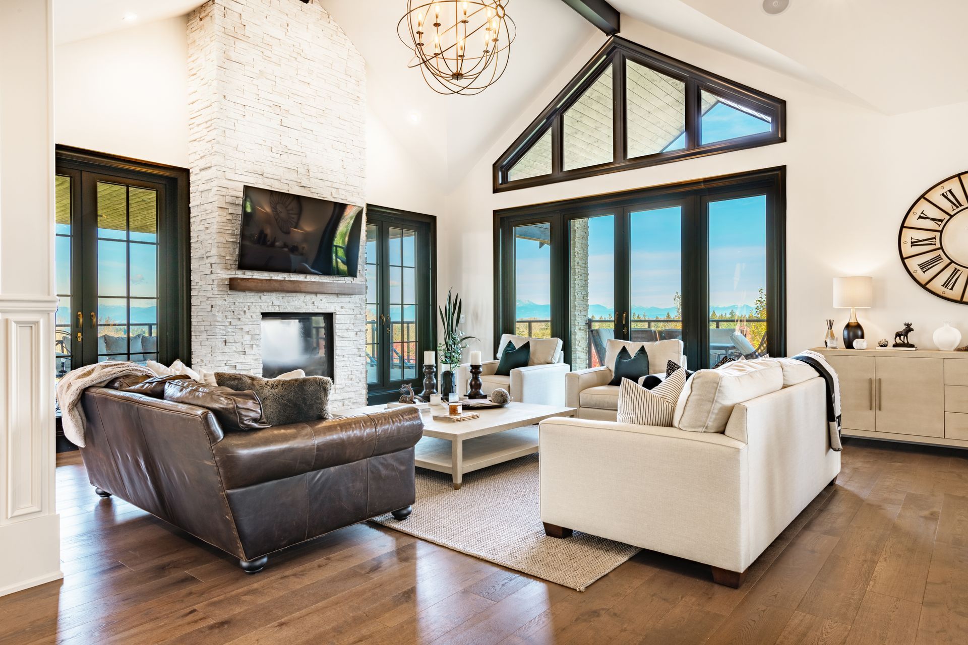 Living room with vaulted ceiling.