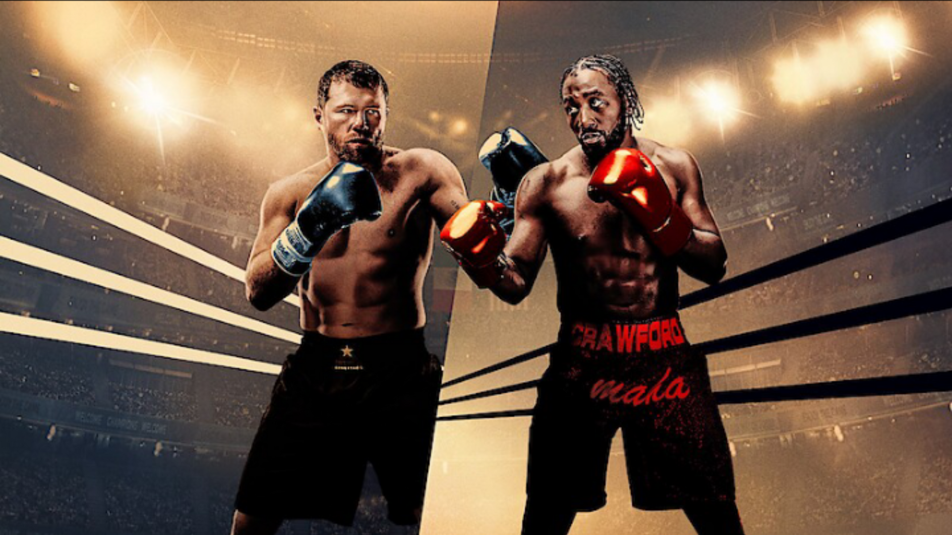 Two boxers in a ring, facing each other. One with black gloves, the other with red gloves, under bright lights.