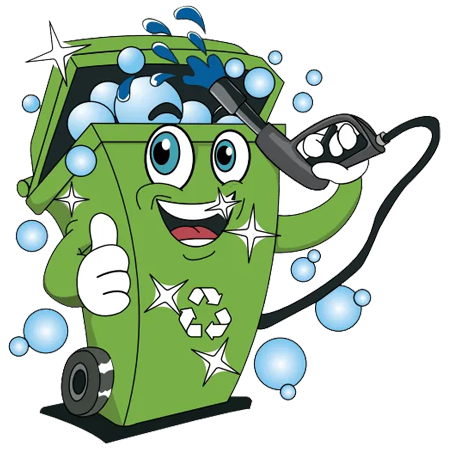 A cartoon green recycling bin character with a happy face, giving a thumbs up while holding a pressure washer and cleaning.