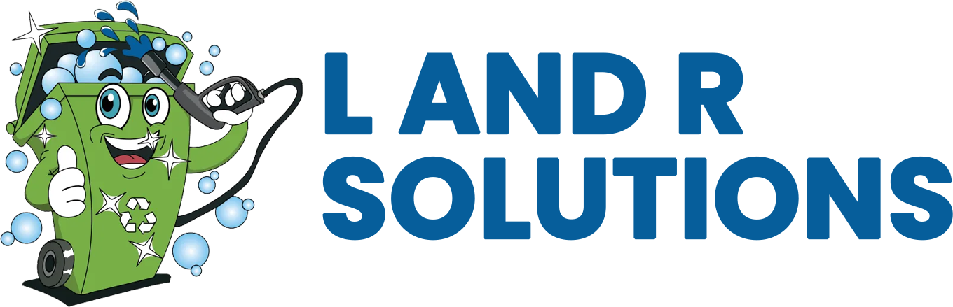 A smiling green trash bin mascot with soapy bubbles and a hose next to the bold blue text "L AND R SOLUTIONS."