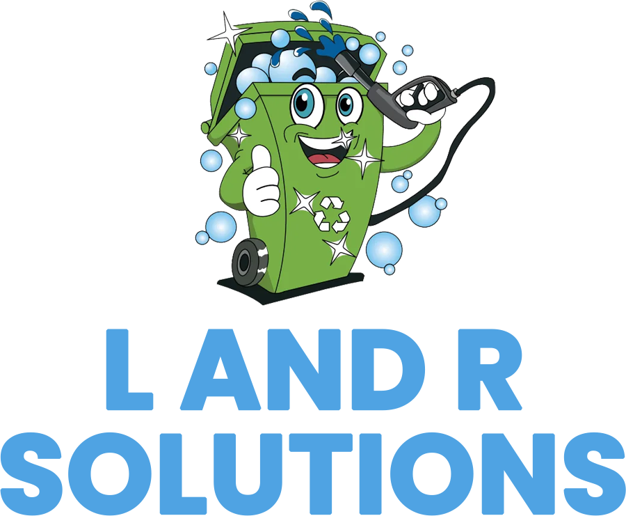 A cartoon green trash bin cleaning itself with a spray wand, surrounded by bubbles, with the text L AND R SOLUTIONS below.