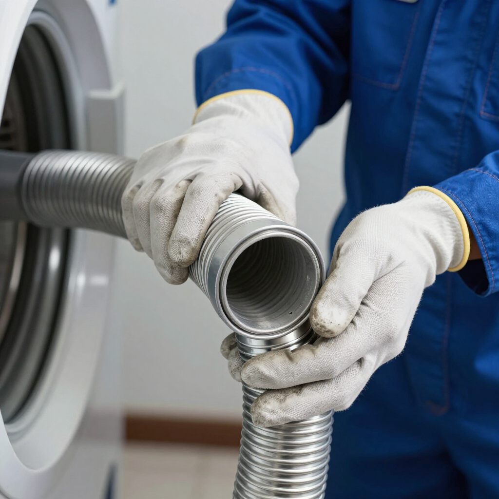 A technician in a blue uniform and work gloves connects a flexible metallic vent hose to a dryer.