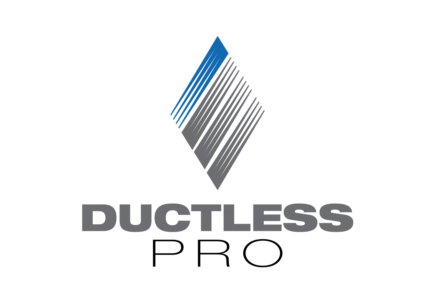 Logo of Ductless Pro, diamond shape with blue and gray diagonal lines above gray text.