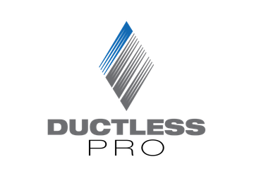 Logo of Ductless Pro, diamond shape with blue and gray diagonal lines above gray text.