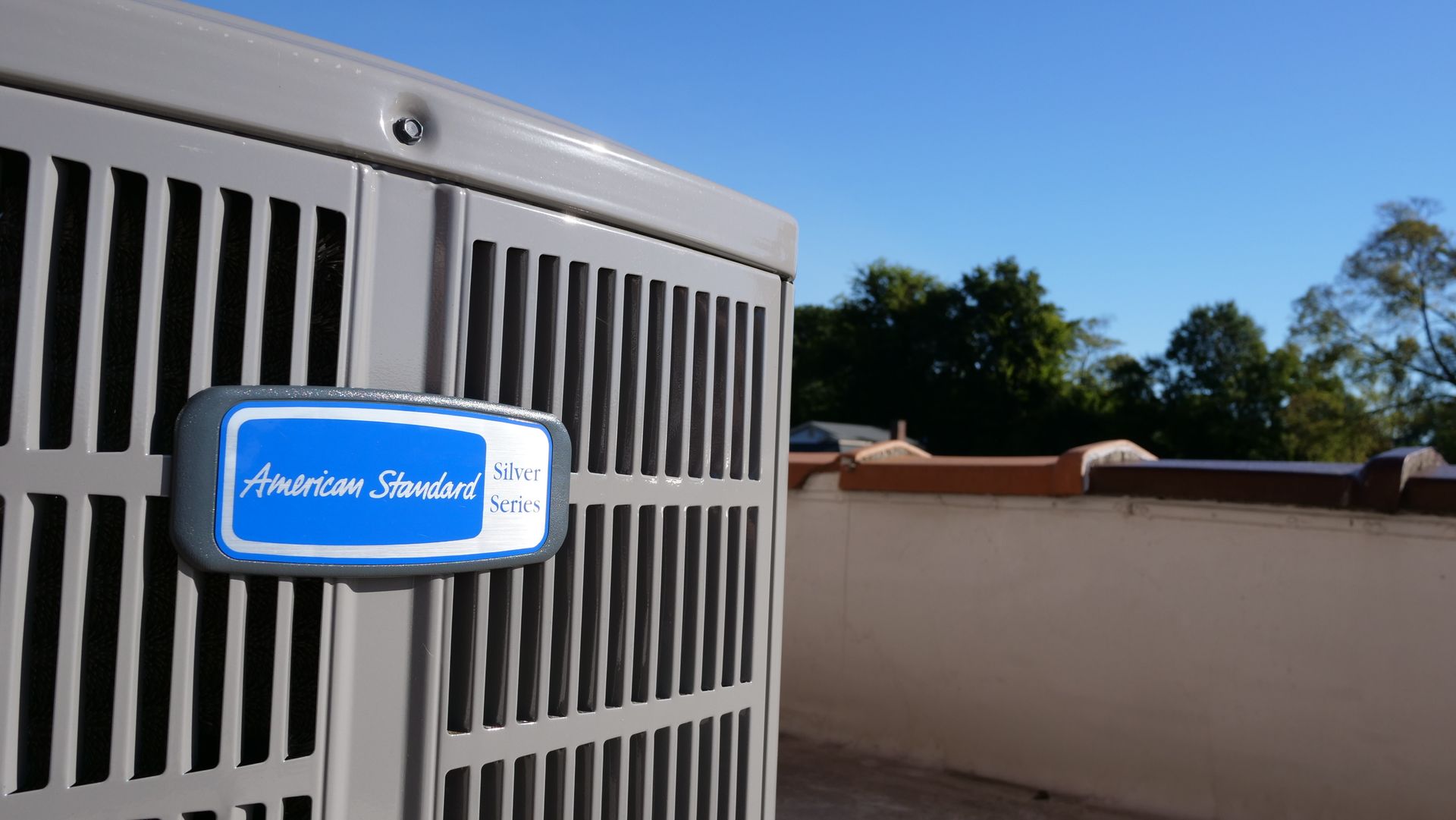 Air conditioning unit with a blue and white 