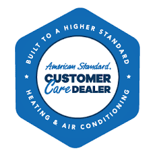 Blue and white American Standard Customer Care Dealer badge.