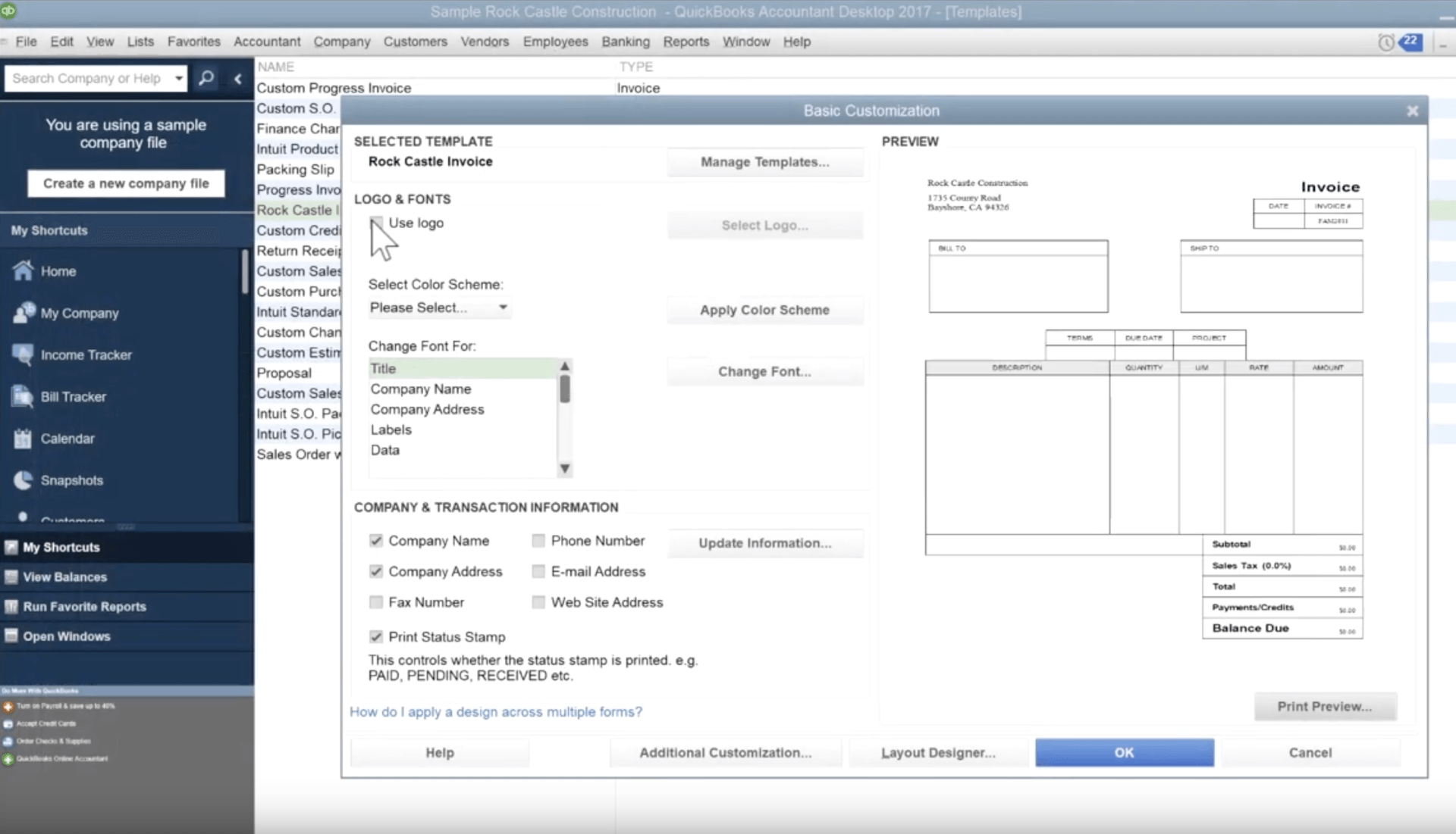 invoice template changed screen