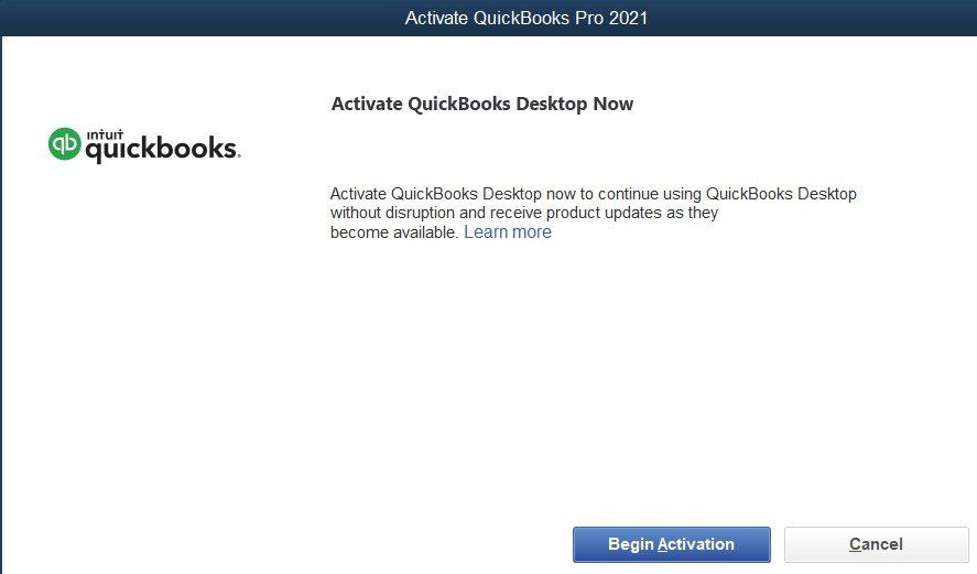 QuickBooks activation screen