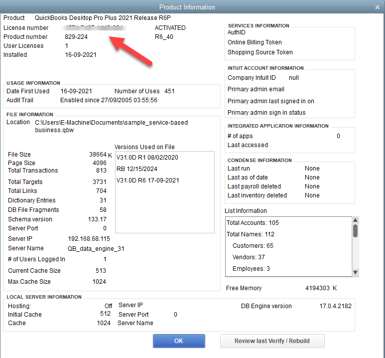 quickbooks product information screen