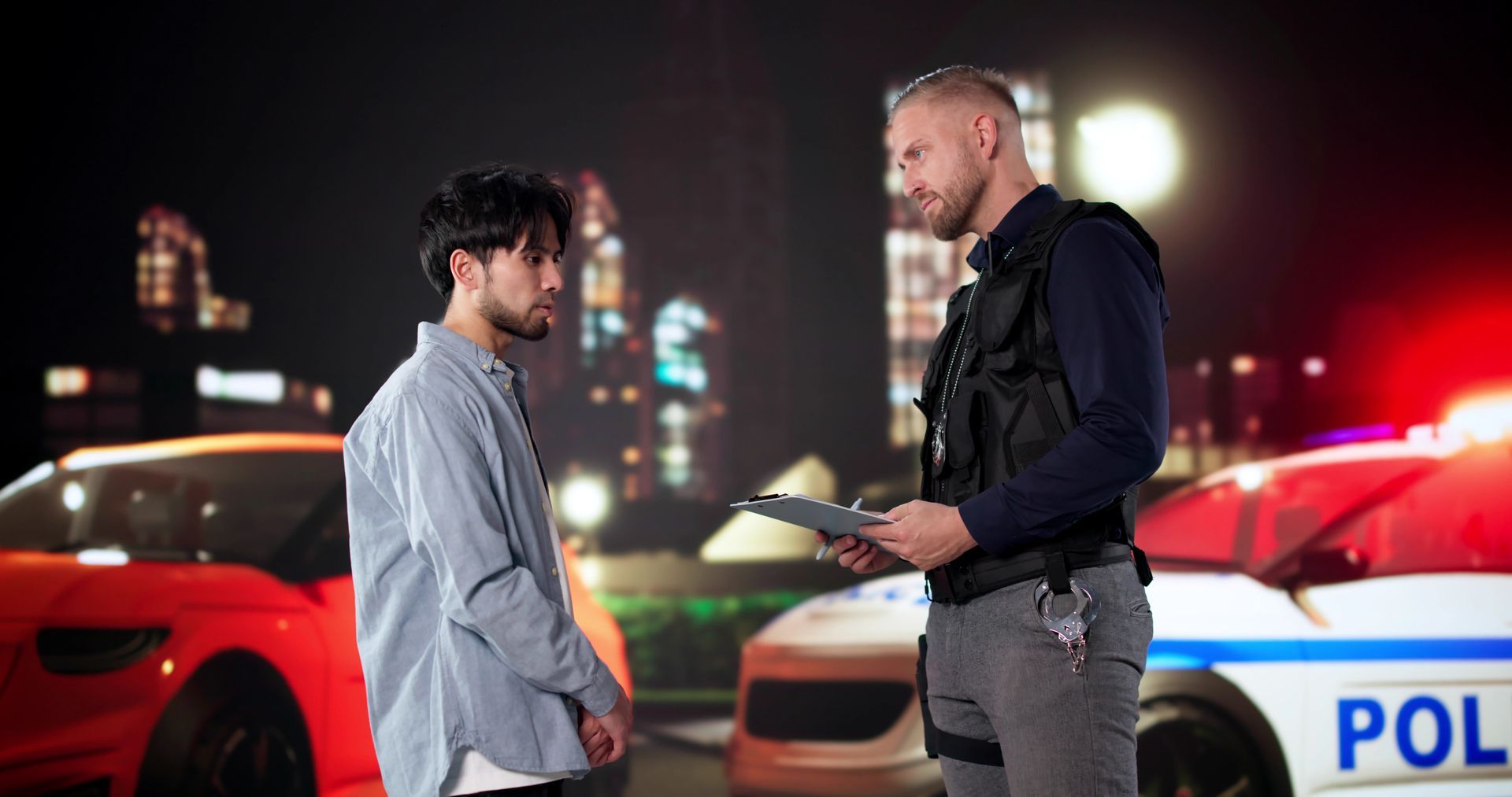 Man speaking to police officer beside police cars at night.