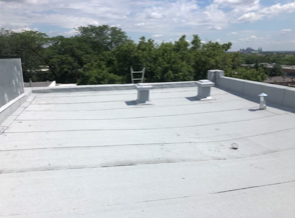 Un toit blanc avec une échelle dessus et des arbres en arrière-plan.