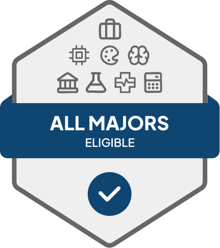 Badge with blue banner: 